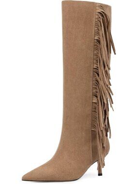 Women's Knee High Boots Kitten Heels Boots Pointed Toe Long Boot Suede Camel
